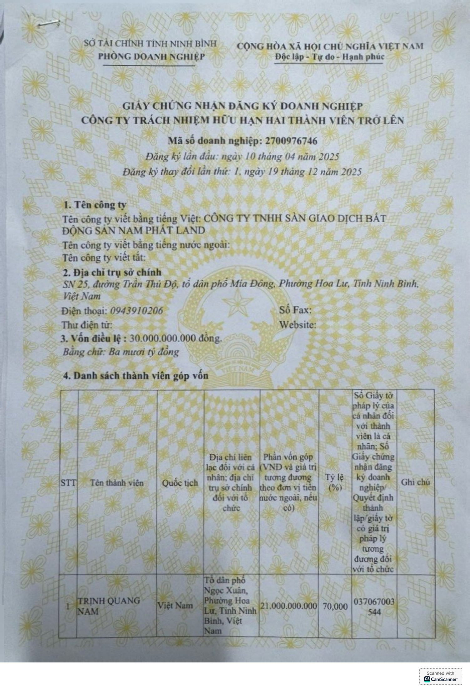 Giấy phép kinh doanh ĐKKD Nam Phát Land trang 1