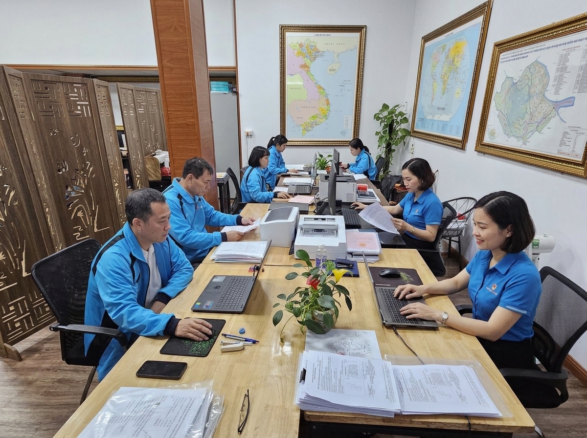Đội ngũ làm việc với hồ sơ và bản đồ